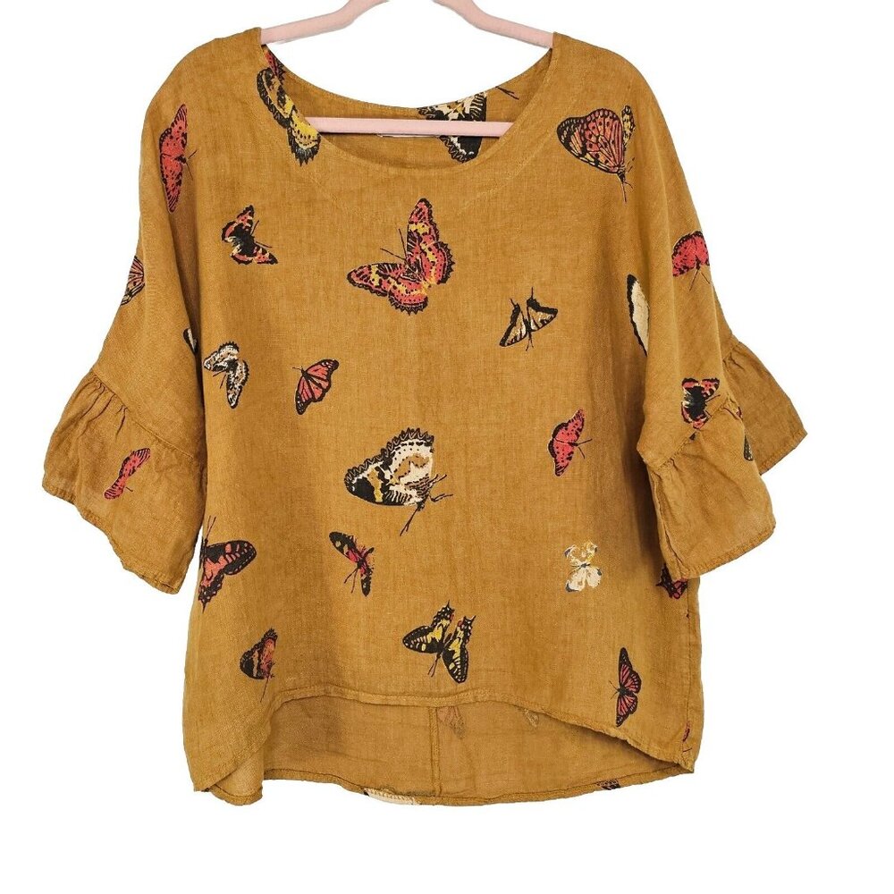 Viola Borghi Womens Linen Blouse Small Tan Boho Oversized Ethereal Baggy Relaxed - Picture 1 of 13